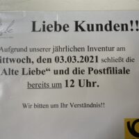 Postfiliale Berg/Alte Liebe am Mittwoch, 3.3., ab 12 Uhr geschlossen
