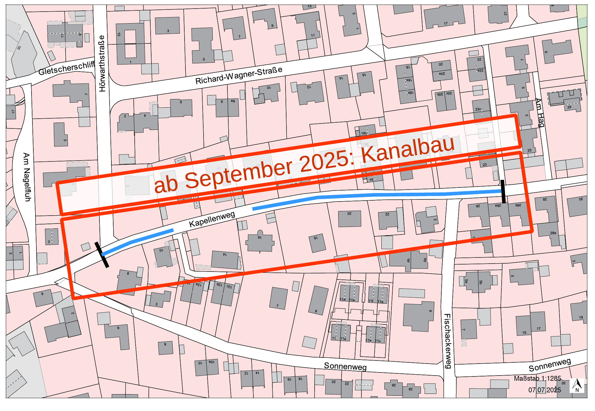 Kanalbau und Sperrung am Kapellenweg im September