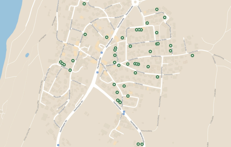 Landkarte mit allen am Garagenflohmarkt teilnehmenden Haushalten in Berg